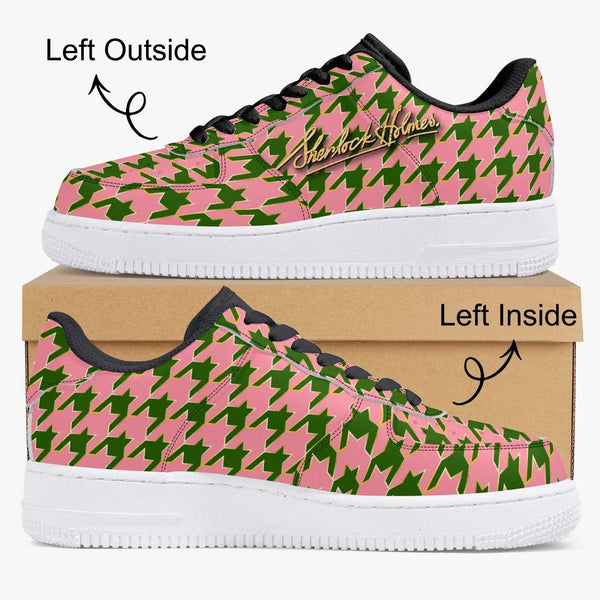 Sherlock Holmes Pink-Green Houndstooth Low-Top Leather Sneakers - The Sherlock Holmes Company