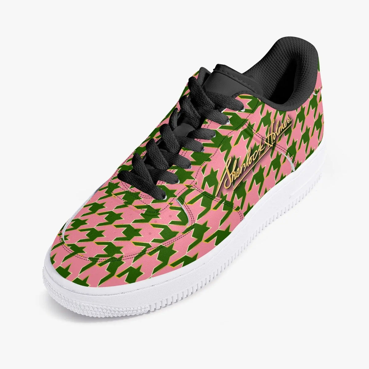 Sherlock Holmes Pink-Green Houndstooth Low-Top Leather Sneakers - The Sherlock Holmes Company